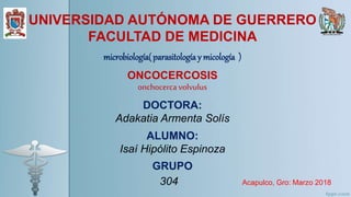 UNIVERSIDAD AUTÓNOMA DE GUERRERO
FACULTAD DE MEDICINA
microbiología( parasitologíay micología )
ONCOCERCOSIS
onchocerca volvulus
DOCTORA:
Adakatia Armenta Solís
ALUMNO:
Isaí Hipólito Espinoza
GRUPO
304 Acapulco, Gro: Marzo 2018
 