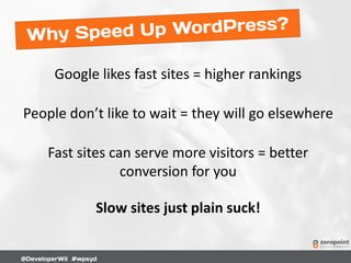 Google likes fast sites = higher rankings
People don’t like to wait = they will go elsewhere
Fast sites can serve more visitors = better
conversion for you
Slow sites just plain suck!
 