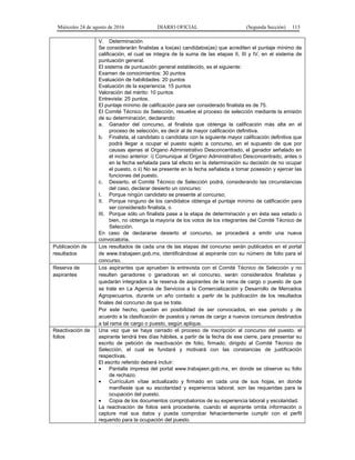 Miércoles 24 de agosto de 2016 DIARIO OFICIAL (Segunda Sección) 113
V. Determinación
Se considerarán finalistas a los(as) candidatos(as) que acrediten el puntaje mínimo de
calificación, el cual se integra de la suma de las etapas II, III y IV, en el sistema de
puntuación general.
El sistema de puntuación general establecido, es el siguiente:
Examen de conocimientos: 30 puntos
Evaluación de habilidades: 20 puntos
Evaluación de la experiencia: 15 puntos
Valoración del mérito: 10 puntos
Entrevista: 25 puntos.
El puntaje mínimo de calificación para ser considerado finalista es de 75.
El Comité Técnico de Selección, resuelve el proceso de selección mediante la emisión
de su determinación, declarando:
a. Ganador del concurso, al finalista que obtenga la calificación más alta en el
proceso de selección, es decir al de mayor calificación definitiva.
b. Finalista, al candidato o candidata con la siguiente mayor calificación definitiva que
podrá llegar a ocupar el puesto sujeto a concurso, en el supuesto de que por
causas ajenas al Organo Administrativo Desconcentrado, el ganador señalado en
el inciso anterior: i) Comunique al Organo Administrativo Desconcentrado, antes o
en la fecha señalada para tal efecto en la determinación su decisión de no ocupar
el puesto, o ii) No se presente en la fecha señalada a tomar posesión y ejercer las
funciones del puesto.
c. Desierto, el Comité Técnico de Selección podrá, considerando las circunstancias
del caso, declarar desierto un concurso:
I. Porque ningún candidato se presente al concurso;
II. Porque ninguno de los candidatos obtenga el puntaje mínimo de calificación para
ser considerado finalista, o
III. Porque sólo un finalista pase a la etapa de determinación y en ésta sea vetado o
bien, no obtenga la mayoría de los votos de los integrantes del Comité Técnico de
Selección.
En caso de declararse desierto el concurso, se procederá a emitir una nueva
convocatoria.
Publicación de
resultados
Los resultados de cada una de las etapas del concurso serán publicados en el portal
de www.trabajaen.gob.mx, identificándose al aspirante con su número de folio para el
concurso.
Reserva de
aspirantes
Los aspirantes que aprueben la entrevista con el Comité Técnico de Selección y no
resulten ganadores o ganadoras en el concurso, serán considerados finalistas y
quedarán integrados a la reserva de aspirantes de la rama de cargo o puesto de que
se trate en La Agencia de Servicios a la Comercialización y Desarrollo de Mercados
Agropecuarios, durante un año contado a partir de la publicación de los resultados
finales del concurso de que se trate.
Por este hecho, quedan en posibilidad de ser convocados, en ese periodo y de
acuerdo a la clasificación de puestos y ramas de cargo a nuevos concursos destinados
a tal rama de cargo o puesto, según aplique.
Reactivación de
folios
Una vez que se haya cerrado el proceso de inscripción al concurso del puesto, el
aspirante tendrá tres días hábiles, a partir de la fecha de ese cierre, para presentar su
escrito de petición de reactivación de folio, firmado, dirigido al Comité Técnico de
Selección, el cual se fundará y motivará con las constancias de justificación
respectivas.
El escrito referido deberá incluir:
 Pantalla impresa del portal www.trabajaen.gob.mx, en donde se observe su folio
de rechazo.
 Currículum vítae actualizado y firmado en cada una de sus hojas, en donde
manifieste que su escolaridad y experiencia laboral, son las requeridas para la
ocupación del puesto.
 Copia de los documentos comprobatorios de su experiencia laboral y escolaridad.
La reactivación de folios será procedente, cuando el aspirante omita información o
capture mal sus datos y pueda comprobar fehacientemente cumplir con el perfil
requerido para la ocupación del puesto.
 