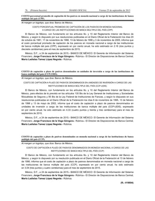 76 (Primera Sección) DIARIO OFICIAL Viernes 25 de septiembre de 2015
COSTO porcentual promedio de captación de los pasivos en moneda nacional a cargo de las instituciones de banca
múltiple del país (CPP).
Al margen un logotipo, que dice: Banco de México.
COSTO PORCENTUAL PROMEDIO DE CAPTACIÓN DE LOS PASIVOS EN MONEDA NACIONAL
A CARGO DE LAS INSTITUCIONES DE BANCA MÚLTIPLE DEL PAÍS (CPP)
El Banco de México, con fundamento en los artículos 8o. y 10 del Reglamento Interior del Banco de
México, y según lo dispuesto por sus resoluciones publicadas en el Diario Oficial de la Federación los días 20
de octubre de 1981, 17 de noviembre de 1988, 13 de febrero de 1996 y 3 de noviembre de 2005, informa que
el costo porcentual promedio de captación de los pasivos en moneda nacional a cargo de las instituciones
de banca múltiple del país (CPP), expresado en por ciento anual, ha sido estimado en 2.16 (dos puntos y
dieciséis centésimas) para el mes de septiembre de 2015.
México, D.F., a 24 de septiembre de 2015.- BANCO DE MÉXICO: El Gerente de Información del Sistema
Financiero, Jorge Francisco de la Vega Góngora.- Rúbrica.- El Director de Disposiciones de Banca Central,
Mario Ladislao Tamez López Negrete.- Rúbrica.
COSTO de captación a plazo de pasivos denominados en unidades de inversión a cargo de las instituciones de
banca múltiple del país (CCP-UDIS).
Al margen un logotipo, que dice: Banco de México.
COSTO DE CAPTACIÓN A PLAZO DE PASIVOS DENOMINADOS EN UNIDADES DE INVERSIÓN A CARGO DE LAS
INSTITUCIONES DE BANCA MÚLTIPLE DEL PAÍS (CCP-UDIS)
El Banco de México, con fundamento en los artículos 8o. y 10 del Reglamento Interior del Banco de
México, para efectos de lo previsto en los artículos 135 Bis de la Ley General de Instituciones y Sociedades
Mutualistas de Seguros y 95 Bis de la Ley Federal de Instituciones de Fianzas, y según lo dispuesto en sus
resoluciones publicadas en el Diario Oficial de la Federación los días 6 de noviembre de 1995, 13 de febrero
de 1996 y 13 de mayo de 2002, informa que el costo de captación a plazo de pasivos denominados en
unidades de inversión a cargo de las instituciones de banca múltiple del país (CCP-UDIS), expresado
en por ciento anual, ha sido estimado en 4.33 (cuatro puntos y treinta y tres centésimas) para el mes de
septiembre de 2015.
México, D.F., a 24 de septiembre de 2015.- BANCO DE MÉXICO: El Gerente de Información del Sistema
Financiero, Jorge Francisco de la Vega Góngora.- Rúbrica.- El Director de Disposiciones de Banca Central,
Mario Ladislao Tamez López Negrete.- Rúbrica.
COSTO de captación a plazo de pasivos denominados en moneda nacional a cargo de las instituciones de banca
múltiple del país (CCP).
Al margen un logotipo, que dice: Banco de México.
COSTO DE CAPTACIÓN A PLAZO DE PASIVOS DENOMINADOS EN MONEDA NACIONAL A CARGO DE LAS
INSTITUCIONES DE BANCA MÚLTIPLE DEL PAÍS (CCP)
El Banco de México, con fundamento en los artículos 8o. y 10 del Reglamento Interior del Banco de
México, y según lo dispuesto por su resolución publicada en el Diario Oficial de la Federación el 13 de febrero
de 1996, informa que el costo de captación a plazo de pasivos denominados en moneda nacional a cargo de
las instituciones de banca múltiple del país (CCP), expresado en por ciento anual, ha sido estimado
en 3.04 (tres puntos y cuatro centésimas) para el mes de septiembre de 2015.
México, D.F., a 24 de septiembre de 2015.- BANCO DE MÉXICO: El Gerente de Información del Sistema
Financiero, Jorge Francisco de la Vega Góngora.- Rúbrica.- El Director de Disposiciones de Banca Central,
Mario Ladislao Tamez López Negrete.- Rúbrica.
(R.- 419694)
 