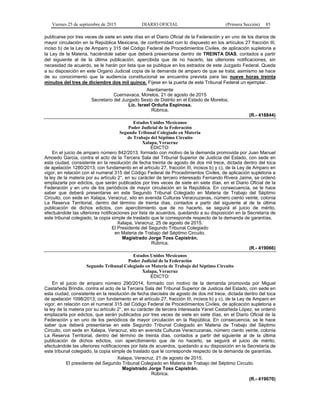 Viernes 25 de septiembre de 2015 DIARIO OFICIAL (Primera Sección) 85
publicarse por tres veces de siete en siete días en el Diario Oficial de la Federación y en uno de los diarios de
mayor circulación en la República Mexicana, de conformidad con lo dispuesto en los artículos 27 fracción III,
inciso b) de la Ley de Amparo y 315 del Código Federal de Procedimientos Civiles, de aplicación supletoria a
la Ley de la Materia, haciéndole saber que deberá presentarse dentro de TREINTA DIAS, contados a partir
del siguiente al de la última publicación; apercibida que de no hacerlo, las ulteriores notificaciones, sin
necesidad de acuerdo, se le harán por lista que se publique en los estrados de este Juzgado Federal. Queda
a su disposición en este Organo Judicial copia de la demanda de amparo de que se trata; asimismo se hace
de su conocimiento que la audiencia constitucional se encuentra prevista para las nueve horas treinta
minutos del tres de diciembre dos mil quince. Fíjese en la puerta de este Tribunal Federal un ejemplar.
Atentamente
Cuernavaca, Morelos, 21 de agosto de 2015
Secretario del Juzgado Sexto de Distrito en el Estado de Morelos.
Lic. Israel Orduña Espinosa.
Rúbrica.
(R.- 418844)
Estados Unidos Mexicanos
Poder Judicial de la Federación
Segundo Tribunal Colegiado en Materia
de Trabajo del Séptimo Circuito
Xalapa, Veracruz
EDICTO:
En el juicio de amparo número 842/2013, formado con motivo de la demanda promovida por Juan Manuel
Amoedo Garcia, contra el acto de la Tercera Sala del Tribunal Superior de Justicia del Estado, con sede en
esta ciudad, consistente en la resolución de fecha treinta de agosto de dos mil trece, dictada dentro del toca
de apelación 1280/2013; con fundamento en el artículo 27, fracción III, incisos b) y c), de la Ley de Amparo en
vigor, en relación con el numeral 315 del Código Federal de Procedimientos Civiles, de aplicación supletoria a
la ley de la materia por su artículo 2°, en su carácter de tercero interesado Fernando Rivera Jaime, se ordenó
emplazarla por edictos, que serán publicados por tres veces de siete en siete días, en el Diario Oficial de la
Federación y en uno de los periódicos de mayor circulación en la República. En consecuencia, se le hace
saber que deberá presentarse en este Segundo Tribunal Colegiado en Materia de Trabajo del Séptimo
Circuito, con sede en Xalapa, Veracruz, sito en avenida Culturas Veracruzanas, número ciento veinte, colonia
La Reserva Territorial, dentro del término de treinta días, contados a partir del siguiente al de la última
publicación de dichos edictos, con apercibimiento que de no hacerlo, se seguirá el juicio de mérito,
efectuándole las ulteriores notificaciones por lista de acuerdos, quedando a su disposición en la Secretaría de
este tribunal colegiado, la copia simple de traslado que le corresponde respecto de la demanda de garantías.
Xalapa, Veracruz, 25 de agosto de 2015.
El Presidente del Segundo Tribunal Colegiado
en Materia de Trabajo del Séptimo Circuito.
Magistrado Jorge Toss Capistrán.
Rúbrica.
(R.- 419066)
Estados Unidos Mexicanos
Poder Judicial de la Federación
Segundo Tribunal Colegiado en Materia de Trabajo del Séptimo Circuito
Xalapa, Veracruz
EDICTO:
En el juicio de amparo número 290/2014, formado con motivo de la demanda promovida por Miguel
Castañeda Brindis, contra el acto de la Tercera Sala del Tribunal Superior de Justicia del Estado, con sede en
esta ciudad, consistente en la resolución de fecha dieciséis de agosto de dos mil trece, dictada dentro del toca
de apelación 1098/2013; con fundamento en el artículo 27, fracción III, incisos b) y c), de la Ley de Amparo en
vigor, en relación con el numeral 315 del Código Federal de Procedimientos Civiles, de aplicación supletoria a
la ley de la materia por su artículo 2°, en su carácter de tercera interesada Yanet Castañeda López, se ordenó
emplazarla por edictos, que serán publicados por tres veces de siete en siete días, en el Diario Oficial de la
Federación y en uno de los periódicos de mayor circulación en la República. En consecuencia, se le hace
saber que deberá presentarse en este Segundo Tribunal Colegiado en Materia de Trabajo del Séptimo
Circuito, con sede en Xalapa, Veracruz, sito en avenida Culturas Veracruzanas, número ciento veinte, colonia
La Reserva Territorial, dentro del término de treinta días, contados a partir del siguiente al de la última
publicación de dichos edictos, con apercibimiento que de no hacerlo, se seguirá el juicio de mérito,
efectuándole las ulteriores notificaciones por lista de acuerdos, quedando a su disposición en la Secretaría de
este tribunal colegiado, la copia simple de traslado que le corresponde respecto de la demanda de garantías.
Xalapa, Veracruz, 21 de agosto de 2015.
El presidente del Segundo Tribunal Colegiado en Materia de Trabajo del Séptimo Circuito.
Magistrado Jorge Toss Capistrán.
Rúbrica.
(R.- 419070)
 