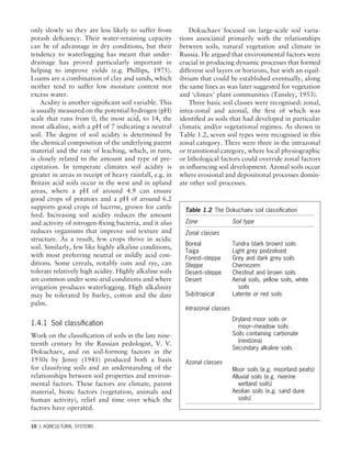 10 1 AGRICULTURAL SYSTEMS
only slowly so they are less likely to suffer from
potash deﬁciency. Their water-retaining capacity
can be of advantage in dry conditions, but their
tendency to waterlogging has meant that under-
drainage has proved particularly important in
helping to improve yields (e.g. Phillips, 1975).
Loams are a combination of clay and sands, which
neither tend to suffer low moisture content nor
excess water.
Acidity is another signiﬁcant soil variable. This
is usually measured on the potential hydrogen (pH)
scale that runs from 0, the most acid, to 14, the
most alkaline, with a pH of 7 indicating a neutral
soil. The degree of soil acidity is determined by
the chemical composition of the underlying parent
material and the rate of leaching, which, in turn,
is closely related to the amount and type of pre-
cipitation. In temperate climates soil acidity is
greater in areas in receipt of heavy rainfall, e.g. in
Britain acid soils occur in the west and in upland
areas, where a pH of around 4.9 can ensure
good crops of potatoes and a pH of around 6.2
supports good crops of lucerne, grown for cattle
feed. Increasing soil acidity reduces the amount
and activity of nitrogen-ﬁxing bacteria, and it also
reduces organisms that improve soil texture and
structure. As a result, few crops thrive in acidic
soil. Similarly, few like highly alkaline conditions,
with most preferring neutral or mildly acid con-
ditions. Some cereals, notably oats and rye, can
tolerate relatively high acidity. Highly alkaline soils
are common under semi-arid conditions and where
irrigation produces waterlogging. High alkalinity
may be tolerated by barley, cotton and the date
palm.
1.4.1 Soil classiﬁcation
Work on the classiﬁcation of soils in the late nine-
teenth century by the Russian pedologist, V. V.
Dokuchaev, and on soil-forming factors in the
1930s by Jenny (1941) produced both a basis
for classifying soils and an understanding of the
relationships between soil properties and environ-
mental factors. These factors are climate, parent
material, biotic factors (vegetation, animals and
human activity), relief and time over which the
factors have operated.
Dokuchaev focused on large-scale soil varia-
tions associated primarily with the relationships
between soils, natural vegetation and climate in
Russia. He argued that environmental factors were
crucial in producing dynamic processes that formed
different soil layers or horizons, but with an equil-
ibrium that could be established eventually, along
the same lines as was later suggested for vegetation
and ‘climax’ plant communities (Tansley, 1953).
Three basic soil classes were recognised: zonal,
intra-zonal and azonal, the ﬁrst of which was
identiﬁed as soils that had developed in particular
climatic and/or vegetational regimes. As shown in
Table 1.2, seven soil types were recognised in this
zonal category. There were three in the intrazonal
or transitional category, where local physiographic
or lithological factors could override zonal factors
in inﬂuencing soil development. Azonal soils occur
where erosional and depositional processes domin-
ate other soil processes.
Table 1.2 The Dokuchaev soil classiﬁcation
Zone Soil type
Zonal classes
Boreal Tundra (dark brown) soils
Taiga Light grey podzolised
Forest–steppe Grey and dark grey soils
Steppe Chernozem
Desert–steppe Chestnut and brown soils
Desert Aerial soils, yellow soils, white
soils
Sub-tropical Laterite or red soils
Intrazonal classes
Dryland moor soils or
moor–meadow soils
Soils containing carbonate
(rendzina)
Secondary alkaline soils
Azonal classes
Moor soils (e.g. moorland peats)
Alluvial soils (e.g. riverine
wetland soils)
Aeolian soils (e.g. sand dune
soils)
 