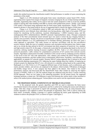 Indonesian J Elec Eng & Comp Sci ISSN: 2502-4752 
The IoT and registration of magnetic resonance imaging brain diagnosis based on … (Ahmed Shihab Ahmed)
275
model, this method increases the classification model's final performance in number of cases concerning the
parameters of the model
Sajjad et al. [30] introduced multi-grade brain tumor classification system based CNN. Firstly:
segmenting tumor regions from images of magnetic resonance imaging by the use of deep learning technique.
Secondly: augmenting data widely can be used to train the system proposed in order to avoid any problem
related to lacking data when handling with MRI to classify multi-graded brain tumors. Thirdly: a pre-trained
CNN model is fine-tuned using augmented data for brain tumor grade classification. Thirdly, CNN model
trained in advance is fine-tuned using by the use of augmented data to classify the degree of brain tumor.
Chang et al. [31] information related to MRI and molecular data, for 259 patients, from cancer
imaging archives were obtained, those individuals were having glioma, either high or low-grade. CNN was
trained for classifying 1p/19q codeletion, isocitrate dehydrogenase 1 (IDH1) mutation status, and O6-
methylguanine-DNA methyltransferase (MGMT) promoter hypermethylation status. Principal component
analysis of the final convolutional neural network layer was used to extract the key imaging features to
classify cases accurately. Results: the process of classification is highly accurate: IDH1 mutation status, 94%.
The authors Rahman et al. [32] implemented IoT to facilitate farming, particularly for those who want a
smart approach to agriculture. This study focuses on real-time surveillance with the low cost-effective
security solution. Make the most of computer resources such encryption and decryption time, battery usage,
and so on, divide the data utilized in the IoT environment into three categories of sensitivity: low, medium,
and high sensitive data [33]. In this paper, a framework is provided for encrypting data based on the level of
sensitivity utilizing machine learning K-nearest neighbors (K-NN). Tanh et al. [34] enhanced security
protocols presented a viable solution for comprehensive protection of IoT systems from network security
assaults. Algorithmic enhancement favorably contributes to this crucial work by combining security solutions
on the levels of the IoT with code optimization. Also, enhance and combine the DTLS Protocol with the
overhearing mechanism, and then conduct tests to demonstrate effectiveness, feasibility, cost-efficiency, and
applicability on popular IoT network models. Presents NB-IoT testing approach that is tailored to the local
radio network planning requirements [35]. Adducing the major findings about the viability of employing an
in-band scenario for deploying NB-IoT over a 4G network in a suburban setting based on the acquired data.
Rajbongshi et al. [36], Erwin et al. [37] suggested different types of leaf diseases, such as anthracnose, gall
machi, powdery mildew, and red rust, are employed in the dataset, which includes 1500 photos of damaged
and healthy mango leaves. A new category has been added to the dataset. Also looked at the overall
performance matrices and discovered that the DenseNet201 beats other models by achieving the highest
accuracy of 98.00%. Fadil et al. [38] The medical images are enhanced using the fuzzy C-means clustering
(FCM) approach. There are two stages to the enhancing procedure. On the picture pixels, the suggested
technique performs a cluster test. The difference in gray level between the various items is then increased to
achieve the medical picture enhancing goal. Various photos were used to test the experimental outcomes.
3. THE PROPOSED MODEL COMPONENTS OF MRI BRAIN DIAGNOSIS
In this proposed work, the genetic algorithm and CNN are used to determine the brain tumor
classification based on the principle of registration and this is achieved by loading the (source and reference)
image. After that, image is processed in regard with smoothing, reducing noise, by using Gaussian filter.
Genetic algorithm is also applied to achieve the principle of registration, then, CNN is used to classify the
brain tumor. Eventually, sending a massage to a patient explaining the tumor grade depending on GSM
Arduino to achieve the principle of IoT, as shown in Figure 1 and Figure 2.
Figure 1. Describe the proposed approach of work
 