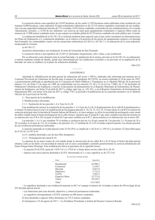 26	 Boletín Oficial de la provincia de Sevilla. Número 225	 Jueves 28 de septiembre de 2017
La actuación afecta a una superficie de 5,6395 hectáreas, de las cuales 5,1595 hectáreas están calificadas como residencial y las
restantes 0,480 hectáreas, como industrial. El aprovechamiento urbanístico es de 23.218 metros cuadrados construidos de uso residen-
cial, con una capacidad residencial máxima de 175 viviendas; 4.643 metros cuadrados construidos de uso complementario a la vivienda
-básicamente, terciario-, y 4.350 de uso industrial. Las reservas de suelo para equipamiento comunitario y espacios libres serán no
menores de 15.000 metros cuadrados netos, lo que supone un estándar global de 85,70 metros cuadrados de suelo público por vivienda.
La ordenación detallada de la AU-SU-16 se realizará mediante plan especial, para el que serán vinculantes las determinaciones
del Plano de Ordenación n 4, «ordenación detallada», en lo relativo a la posición de las piezas de equipamiento respecto a la barriada
San Fernando; las continuidades viarias con las actuaciones urbanísticas AU-SU-6 y AU-SU-7 y la ordenación de la zona industrial,
trasdosando la existente.
o) AU-SU-17.
Actuación urbanizadora, uso residencial, al oeste de la barriada de San Fernando.
La actuación afecta a una superficie de 15.025 m² destinados íntegramente, salvo viales, a uso residencial.
Por su ubicación como charnela entre la actual barriada y la ampliación de la misma, prevista en la AU-SU-16, su ordenación,
a realizar mediante estudio de detalle, queda muy determinada por las condiciones existentes y las previstas en la ampliación de la
barriada, tal como se establece en el plano de ordenación detallada.
8W-6723
————
SANTIPONCE
Aprobada la «Modificación de plan parcial de ordenación del sector 1 (PP1)», habiendo sido informado previamente por la
Comisión Provincial de Urbanismo de Sevilla bajo el número de expediente SE/195/92, en sesión celebrada el 24 de junio de 1992,
y posteriormente publicada su aprobación por la Consejería de Obras Públicas y Transportes en el «Boletín Oficial» de la provincia
número 112, de fecha 17 de mayo de 1990, de conformidad con los artículos 32, 40 y 41 de la Ley 7/2002, de 17 de diciembre de
Ordenación Urbanística de Andalucía, e inscrito el documento de planeamiento en el Registro Municipal de Instrumentos de Planea-
miento de Santiponce con fecha 18 de abril de 2017 y código «pp1 mp_se_195_92», y en el Registro Autonómico de Instrumentos de
Planeamiento RIU con fecha 10 de julio de 2017 y código 7381, se procede a la publicación de su contenido normativo en el «Boletín
Oficial» de la provincia de Sevilla.
2.– Descripción de la modificación.
2. Modificaciones efectuadas.
2.1.1– Sustitución de las parcelas 1, 6 y 9 por la A y B.
Esta modificación incluye la sustitución de las parcelas 1, 6 y 9 por las A y B, el desplazamiento de la calle R-8 paralelamente a
si misma 14 metros hacia el este y la modificación de las antiguas parcelas 2, 10, 14, 15, 16 y 25. Al tener ahora el vial R-8 el carácter de
conexión principal entre la barriada de Nuestra Señora del Rosario y el casco antiguo, es obvia la necesidad de prolongarlo como ramal
de tráfico rodado hasta la futura prolongación de la calle Arroyo, mientras que el ramal R-7 que antes cumplía esta función termina en
su intersección con el R-4. Por su parte el ramal R-5 que antes confluía con el R-7, ahora termina en su intersección con el nuevo R8.
Las parcelas 1, 6 y 9, que sumaban 78 viviendas se sustituyen por las A y B que suman 68. Las parcelas 2 y 10 pasan de 26 a
30 viviendas, la 16 pasa de 12 a 16 viviendas y las parcelas 14 y 15 cambian de 12 a 10 viviendas respectivamente. Las demás parcelas
de uso residencial permanecen inalteradas.
La parcela numerada en el plan parcial como 25 (S.I.P.S.) se amplía de 1.162,0 m² a 1.595 m² y la número 32 (área libre) pasa
de 8.141 m² a 8.387,4 m².
La 31, también destinada a uso de área libre desaparece.
2.1.2.– Prolongación del ramal R-10.
La apertura de un nuevo tramo de vial rodado desde la intersección de las calles R-6 y R-10 hasta el límite del plan parcial
obedece como se ha dicho a la necesidad de enlazar con el casco consolidado y permitir posteriormente la correcta delimitación del
futuro Parque Santo Domingo. Esta modificación afecta al parcelario de la siguiente forma:
– La parcela 28 (S.I.P.S.) pasa de 1.839,7 m² a 1.379,0 m² y limita ahora con las calles R-6 y R-10.
– Aparece una nueva parcela destinada a S.I.P.S. denominada «C» y cuya superficie es de 227,5 m².
La nueva zonificación
Zona	 Superficie
Residencial	43.996,7
Comercial	2.334,7
Docente	6.031,9
Deportivo	2.715,3
S.I.P.S.	5.922,2
Espacios libres	 12.771,4
Viario	39.358,7
Total	113.130,9
– La superficie destinada a uso residencial aumenta en 84,7 m² aunque el número de viviendas es ahora de 450 en lugar de las
452 del plan parcial inicial.
– Las dotaciones para usos docente, deportivo y comercial permanecen inalteradas.
– La superficie correspondiente a S.I.P.S. aumenta en 200 metros cuadrados.
El área destinada a espacios libres disminuye en 725,2 metros cuadrados.
En Santiponce a 25 de agosto de 2017.—La Alcaldesa–Presidenta, Carolina del Rosario Casanova Román.
8W-6732
 