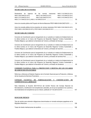 110 (Primera Sección) DIARIO OFICIAL Jueves 28 de abril de 2016
SECRETARIA DE ECONOMIA
Declaratoria de vigencia de las normas mexicanas NMX-C-132-ONNCCE-2015,
NMX-C-085-ONNCCE-2015, NMX-C-185-ONNCCE-2015, NMX-C-152-ONNCCE-2015,
NMX-C-273-ONNCCE-2015, NMX-C-062-ONNCCE-2015, NMX-C-418-ONNCCE-2015,
NMX-C-151-ONNCCE-2015 y NMX-C-144-ONNCCE-2015 ...................................................................... 50
Aviso de consulta pública del Proyecto de Norma Mexicana PROY-NMX-E-049-CNCP-2015 ........ 54
Aviso de consulta pública de los proyectos de normas mexicanas PROY-NMX-C-056-ONNCCE-2015,
PROY-NMX-C-059-ONNCCE-2015 y PROY-NMX-C-329-ONNCCE-2015 .................................................. 55
SECRETARIA DE TURISMO
Convenio de Coordinación para el otorgamiento de un subsidio en materia de fortalecimiento de
la oferta turística en el marco del Programa de Desarrollo Regional Turístico Sustentable y
Pueblos Mágicos, que celebran la Secretaría de Turismo y el Estado de Durango ......................... 57
Convenio de Coordinación para el otorgamiento de un subsidio en materia de fortalecimiento de
la oferta turística en el marco del Programa de Desarrollo Regional Turístico Sustentable y
Pueblos Mágicos, que celebran la Secretaría de Turismo y el Estado de Guerrero ......................... 68
Convenio de Coordinación para el otorgamiento de un subsidio en materia de fortalecimiento de
la oferta turística en el marco del Programa de Desarrollo Regional Turístico Sustentable y
Pueblos Mágicos, que celebran la Secretaría de Turismo y el Estado de Quintana Roo ................. 79
Convenio de Coordinación para el otorgamiento de un subsidio en materia de fortalecimiento de
la oferta turística en el marco del Programa de Desarrollo Regional Turístico Sustentable y
Pueblos Mágicos, que celebran la Secretaría de Turismo y el Estado de Zacatecas ...................... 90
COMISION NACIONAL PARA LA PROTECCION Y DEFENSA DE LOS USUARIOS
DE SERVICIOS FINANCIEROS
Reformas y Adiciones al Estatuto Orgánico de la Comisión Nacional para la Protección y Defensa
de los Usuarios de Servicios Financieros ......................................................................................... 101
CONSEJO NACIONAL DE NORMALIZACION Y CERTIFICACION DE
COMPETENCIAS LABORALES
Nota Aclaratoria al Acuerdo SO/I-16/12,S del Comité Técnico del Consejo Nacional de
Normalización y Certificación de Competencias Laborales, por el que se aprobaron los cuarenta y
tres Estándares de Competencia que se indican, publicado el 7 de abril de 2016 ........................... 107
______________________________
BANCO DE MEXICO
Tipo de cambio para solventar obligaciones denominadas en moneda extranjera pagaderas en la
República Mexicana ......................................................................................................................... 108
Tasas de interés interbancarias de equilibrio ................................................................................... 108
 