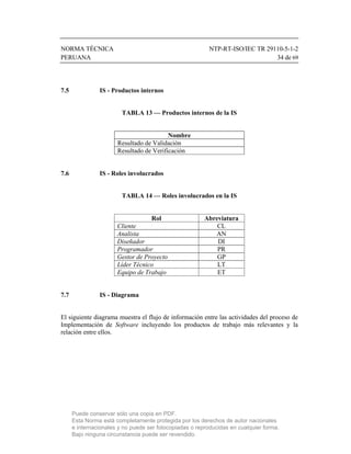 NORMA TÉCNICA                                             NTP-RT-ISO/IEC TR 29110-5-1-2
PERUANA                                                                        34 de 69




7.5             IS - Productos internos


                         TABLA 13 — Productos internos de la IS


                                          Nombre
                       Resultado de Validación
                       Resultado de Verificación


7.6             IS - Roles involucrados


                         TABLA 14 — Roles involucrados en la IS


                                   Rol                   Abreviatura
                       Cliente                               CL
                       Analista                             AN
                       Diseñador                             DI
                       Programador                           PR
                       Gestor de Proyecto                    GP
                       Líder Técnico                         LT
                       Equipo de Trabajo                     ET


7.7             IS - Diagrama


El siguiente diagrama muestra el flujo de información entre las actividades del proceso de
Implementación de Software incluyendo los productos de trabajo más relevantes y la
relación entre ellos.




      Puede conservar sólo una copia en PDF.
      Esta Norma está completamente protegida por los derechos de autor nacionales
      e internacionales y no puede ser fotocopiadas o reproducidas en cualquier forma.
      Bajo ninguna circunstancia puede ser revendido.
 