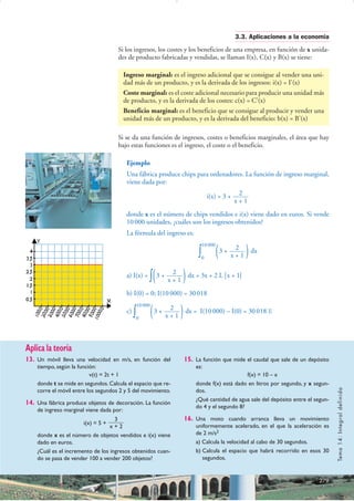 3.3. Aplicaciones a la economía
Si los ingresos, los costes y los beneficios de una empresa, en función de x unida-
des de producto fabricadas y vendidas, se llaman I(x), C(x) y B(x) se tiene:
Si se da una función de ingresos, costes o beneficios marginales, el área que hay
bajo estas funciones es el ingreso, el coste o el beneficio.
Ejemplo
Una fábrica produce chips para ordenadores. La función de ingreso marginal,
viene dada por:
i(x) = 3 +
donde x es el número de chips vendidos e i(x) viene dado en euros. Si vende
10000 unidades, ¿cuáles son los ingresos obtenidos?
La fórmula del ingreso es:
∫0
10 000
3 + dx
a) I(x) = ∫ 3 + dx = 3x + 2 L |x + 1|
b) I(0) = 0; I(10000) = 30018
c) ∫0
10 000
3 + dx = I(10000) – I(0) = 30018 E)2
x + 1(
)2
x + 1(
)2
x + 1(
2
x + 1
279
Aplica la teoría
13. Un móvil lleva una velocidad en m/s, en función del
tiempo, según la función:
v(t) = 2t + 1
donde t se mide en segundos.Calcula el espacio que re-
corre el móvil entre los segundos 2 y 5 del movimiento.
14. Una fábrica produce objetos de decoración. La función
de ingreso marginal viene dada por:
i(x) = 5 +
donde x es el número de objetos vendidos e i(x) viene
dado en euros.
¿Cuál es el incremento de los ingresos obtenidos cuan-
do se pasa de vender 100 a vender 200 objetos?
15. La función que mide el caudal que sale de un depósito
es:
f(x) = 10 – x
donde f(x) está dado en litros por segundo, y x segun-
dos.
¿Qué cantidad de agua sale del depósito entre el segun-
do 4 y el segundo 8?
16. Una moto cuando arranca lleva un movimiento
uniformemente acelerado, en el que la aceleración es
de 2 m/s2
a) Calcula la velocidad al cabo de 30 segundos.
b) Calcula el espacio que habrá recorrido en esos 30
segundos.
3
x + 2
Tema14:Integraldefinida
Ingreso marginal: es el ingreso adicional que se consigue al vender una uni-
dad más de un producto, y es la derivada de los ingresos: i(x) = I'(x)
Coste marginal: es el coste adicional necesario para producir una unidad más
de producto, y es la derivada de los costes: c(x) = C'(x)
Beneficio marginal: es el beneficio que se consigue al producir y vender una
unidad más de un producto, y es la derivada del beneficio: b(x) = B'(x)
 