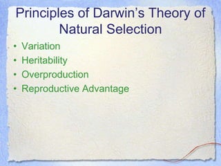 Principles of Darwin’s Theory of
Natural Selection
• Variation
• Heritability
• Overproduction
• Reproductive Advantage
 