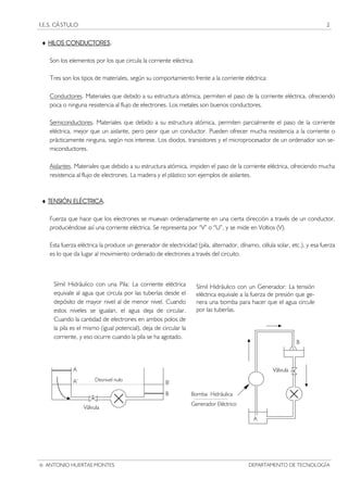 I.E.S. CÁ STULO 2
♦ HILOS CONDUCTORES.
Son los elementos por los que circula la corriente eléctrica.
Tres son los tipos de materiales, según su comportamiento frente a la corriente eléctrica:
Conductores. Materiales que debido a su estructura atómica, permiten el paso de la corriente eléctrica, ofreciendo
poca o ninguna resistencia al flujo de electrones. Los metales son buenos conductores.
Semiconductores. Materiales que debido a su estructura atómica, permiten parcialmente el paso de la corriente
eléctrica, mejor que un aislante, pero peor que un conductor. Pueden ofrecer mucha resistencia a la corriente o
prácticamente ninguna, según nos interese. Los diodos, transistores y el microprocesador de un ordenador son se-
miconductores.
Aislantes. Materiales que debido a su estructura atómica, impiden el paso de la corriente eléctrica, ofreciendo mucha
resistencia al flujo de electrones. La madera y el plástico son ejemplos de aislantes.
♦ TENSIÓN ELÉCTRICA.
Fuerza que hace que los electrones se muevan ordenadamente en una cierta dirección a través de un conductor,
produciéndose así una corriente eléctrica. Se representa por “V” o “U”, y se mide en Voltios (V).
Esta fuerza eléctrica la produce un generador de electricidad (pila, alternador, dínamo, célula solar, etc.), y esa fuerza
es lo que da lugar al movimiento ordenado de electrones a través del circuito.
Símil Hidráulico con una Pila: La corriente eléctrica
equivale al agua que circula por las tuberías desde el
depósito de mayor nivel al de menor nivel. Cuando
estos niveles se igualan, el agua deja de circular.
Cuando la cantidad de electrones en ambos polos de
la pila es el mismo (igual potencial), deja de circular la
corriente, y eso ocurre cuando la pila se ha agotado.
Símil Hidráulico con un Generador: La tensión
eléctrica equivale a la fuerza de presión que ge-
nera una bomba para hacer que el agua circule
por las tuberías.
B
A
Bomba Hidráulica
Generador Eléctrico
Válvula
A’
A
Válvula
Desnivel nulo
B’
B
 ANTONIO HUERTAS MONTES DEPARTAMENTO DE TECNOLOGÍA
 