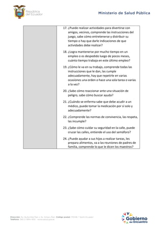 17. ¿Puede realizar actividades para divertirse con
amigos, vecinos, comprende las instrucciones del
juego, sabe cómo entretenerse y distribuir su
tiempo o hay que darle indicaciones de que
actividades debe realizar?
18. ¿Logra mantenerse por mucho tiempo en un
empleo o es despedido luego de pocos meses,
cuánto tiempo trabaja en este último empleo?
19. ¿Cómo le va en su trabajo, comprende todas las
instrucciones que le dan, las cumple
adecuadamente, hay que repetirle en varias
ocasiones una orden o hace una sola tarea o varias
a la vez?
20. ¿Sabe cómo reaccionar ante una situación de
peligro, sabe cómo buscar ayuda?
21. ¿Cuándo se enferma sabe que debe acudir a un
médico, puede tomar la medicación por sí solo y
adecuadamente?
22. ¿Comprende las normas de convivencia, las respeta,
las incumple?
23. ¿Sabe cómo cuidar su seguridad en la calle, puede
cruzar las calles, entiende el uso del semáforo?
24. ¿Puede ayudar a sus hijos a realizar tareas, les
prepara alimentos, va a las reuniones de padres de
familia, comprende lo que le dicen los maestros?
 