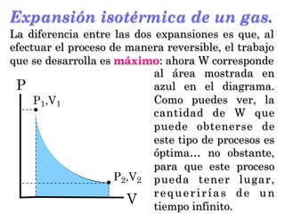 P
P1,V1
V
P2,V2
Expansión isotérmica de un gas.
La diferencia entre las dos expansiones es que, al
efectuar el proceso de manera reversible, el trabajo
que se desarrolla es máximo: ahora W corresponde
al área mostrada en
azul en el diagrama.
Como puedes ver, la
cantidad de W que
puede obtenerse de
este tipo de procesos es
óptima… no obstante,
para que este proceso
pueda tener lugar,
requerirías de un
tiempo infinito.
 