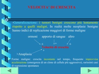 VELOCITA’ DI CRESCITA


-Generalizzazione: i tumori benigni crescono più lentamente
rispetto a quelli maligni. In realtà molte neoplasie benigne
hanno indici di replicazione maggiori di forme maligne
              ormoni       apporto di sangue altro

                           ±        +           ±
                           Velocità di crescita
                            +
    >Anaplasia
Forme maligne: crescita incostante nel tempo, frequente improvvisa
accelerazione (emergenza di un clone di cellule più aggressivo), rarissimi casi
di regressione spontanea
 