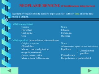 NEOPLASIE BENIGNE (Classificazione istogenetica)
In generale vengono definite tramite l’apposizione del suffisso -oma al nome delle
cellule d’origine.


Cellule mesenchimali
         Origine                                  Nome
         Fibroblasti                              Fibroma
         Cartilagine                              Condroma
         Osso                                     Osteoma
Cellule epiteliali (nomenclatura più complessa)
          Origine o aspetto                       Nome
          Ghiandolare                             Adenoma (sia aspetto che solo derivazione)
          Micro- o macro- digitazioni             Papilloma
                                                                     Cistoadenoma
          o aspetto verrucoide                                        papillare
          Grossa massa cistica                    Cistoadenoma
          Masse estruse dalla mucosa              Polipo (sessile o peduncolato)
 