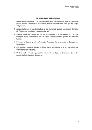 Colegio Sagrada Familia
Tutoría 1º ESO
ACTUACIONES CORRECTAS
1. Hablar individualmente con los compañeros/as para intentar acordar algo que
pueda ayudar a solucionar la situación. Hablar con el tutor/a para que se ocupe
del problema
2. Asistir, junto con el subdelegado/a, a las reuniones que se convoquen: Consejo
de Delegados, reuniones de evaluación, etc.
3. Intentar hablarlo con el profesor/a afectado (junto con el subdelegado/a). Si no se
consigue nada, comentarlo con el tutor/a individualmente y/o en la clase de
tutoría.
4. Informar al tutor/a y al profesorado. Trasladar la propuesta al Consejo de
Delegados.
5. En principio hablarlo con el profesor de la asignatura y, si no se soluciona,
comentarlo con el tutor/a.
6. Pedir al profesor/a tutor que solicite información al Dpto. de Orientación del centro
para tratarlo en la clase de tutoría.
2
 