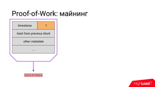 Proof-of-Work: майнинг
timestamp 1
other metadata
hash from previous block
…
000197f82d
 