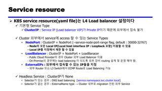 Service resource
➢ K8S service resource(yaml file)는 L4 Load balancer 설정이다
✓ 기본형 Service Type
✓ ClusterIP : Service IP (Load balancer VIP)가 Private IP이기 때문에 외부에서 접속 불가
✓ Cluster 외부에서 service에 access 할 수 있는 Service Types
• NodePort : ClusterIP + NodePort (--service-node-port-range flag, default : 30000-32767)
- Node의 모든 Local IP(Local host interface IP : Loopback 포함) 이용할 수 있음
- Local IP를 지정해서 제한 할 수 있음
• LoadBalancer : ClusterIP + NodePort + LoadBanacer
- Public Cloud Provider의 경우 Cluster 외부 Load Balancer 이용
- On-Premise의 경우에는 load balancing 이 되도록 외부 장비 routing 설계 및 운영 해야 함.
• ExternalIPs : 외부에서 접속할 수 있는 IP들을 지정
- 외부 Router 또는 L3 Switch에서 ECMP Route로 Load Balancing 가능
✓ Headless Service : ClusterIP가 None
• Selector가 있는 경우 : DNS load balancing [service.namespace.svc.cluster.local]
• Selector가 없는 경우 : ExternalName type → Cluster 내부로 migration 안된 외부 Service
 