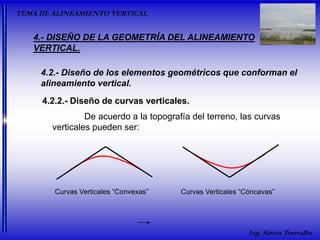 Ing. Simón Torrealba
4.- DISEÑO DE LA GEOMETRÍA DEL ALINEAMIENTO
VERTICAL.
4.2.2.- Diseño de curvas verticales.
4.2.- Diseño de los elementos geométricos que conforman el
alineamiento vertical.
TEMA III: ALINEAMIENTO VERTICAL
De acuerdo a la topografía del terreno, las curvas
verticales pueden ser:
Curvas Verticales “Convexas” Curvas Verticales “Cóncavas”
 