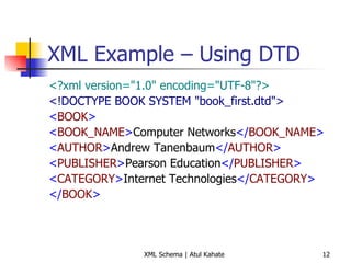 XML Example – Using DTD <?xml version=&quot;1.0&quot; encoding=&quot;UTF-8&quot;?> <!DOCTYPE BOOK SYSTEM &quot;book_first.dtd&quot;> < BOOK > < BOOK_NAME > Computer Networks </ BOOK_NAME > < AUTHOR > Andrew Tanenbaum </ AUTHOR > < PUBLISHER > Pearson Education </ PUBLISHER > < CATEGORY > Internet Technologies </ CATEGORY > </ BOOK > 