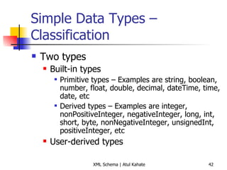 Simple Data Types – Classification Two types Built-in types Primitive types – Examples are string, boolean, number, float, double, decimal, dateTime, time, date, etc  Derived types – Examples are integer, nonPositiveInteger, negativeInteger, long, int, short, byte, nonNegativeInteger, unsignedInt, positiveInteger, etc User-derived types 