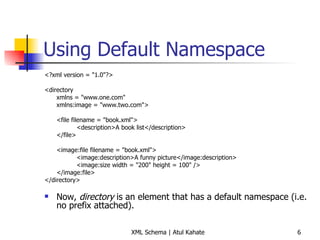 Using Default Namespace <?xml version = &quot;1.0&quot;?> <directory xmlns = &quot;www.one.com&quot; xmlns:image = &quot;www.two.com&quot;> <file filename = &quot;book.xml&quot;> <description>A book list</description> </file> <image:file filename = &quot;book.xml&quot;> <image:description>A funny picture</image:description> <image:size width = &quot;200&quot; height = 100&quot; /> </image:file> </directory> Now,  directory  is an element that has a default namespace (i.e. no prefix attached). 