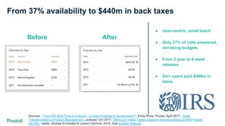 From 37% availability to $440m in back taxes
● User-centric, small batch
● Only 37% of calls answered,
shrinking budgets
● From 2 year to 9 week
releases
● 2m+ users paid $440m in
taxes
Sources: “‘Your IRS Wait Time is 3 Hours’ - Is Lean Possible in Government?”, Emily Price, Pivotal, April 2017; “Agile
Transformation is Product Management,” podcast, Oct 2017; “Minimum Viable Taxes: Lessons learned building an MVP inside
the IRS,” slides, Andrea Schneider & Lauren Gilchrist, 2015. See another write-up.
Before After
 