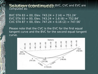 The station and elevations of the BVC, CVC and EVC are
computed as:
BVC STA 83 + 00, Elev. 743.24 + 2 (4) = 751.24’
EVC STA 93 + 00, Elev. 743.24 + 1.6 (6) = 752.84’
CVC STA 87 + 00, Elev. 747.24 + 0.16 (2) = 747.56’
Please note that the CVC is the EVC for the first equal
tangent curve and the BVC for the second equal tangent
curve.
Solution (continued):
 