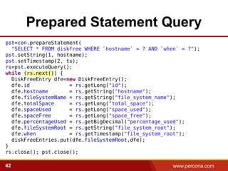 www.percona.com42
Prepared Statement Query
pst=con.prepareStatement(
"SELECT * FROM diskfree WHERE `hostname` = ? AND `when` = ?");
pst.setString(1, hostname);
pst.setTimestamp(2, ts);
rs=pst.executeQuery();
while (rs.next()) {
DiskFreeEntry dfe=new DiskFreeEntry();
dfe.id = rs.getLong("id");
dfe.hostname = rs.getString("hostname");
dfe.fileSystemName = rs.getString("file_system_name");
dfe.totalSpace = rs.getLong("total_space");
dfe.spaceUsed = rs.getLong("space_used");
dfe.spaceFree = rs.getLong("space_free");
dfe.percentageUsed = rs.getBigDecimal("percentage_used");
dfe.fileSystemRoot = rs.getString("file_system_root");
dfe.when = rs.getTimestamp("file_system_root");
diskFreeEntries.put(dfe.fileSystemRoot,dfe);
}
rs.close(); pst.close();
 