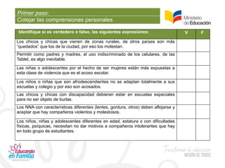 Primer paso:
Cotejar las comprensiones personales
Identifique si es verdadero o falso, las siguientes expresiones: V F
Los chicos y chicas que vienen de zonas rurales, de otros países son más
“quedados” que los de la ciudad, por eso los molestan.
Permitir como padres y madres, el uso indiscriminado de los celulares, de las
Tablet, es algo inevitable.
Las niñas o adolescentes por el hecho de ser mujeres están más expuestas a
esta clase de violencia que es el acoso escolar.
Los niños o niñas que son afrodescendientes no se adaptan totalmente a sus
escuelas y colegio y por eso son acosados.
Las chicos y chicas con discapacidad debieran estar en escuelas especiales
para no ser objeto de burlas.
Los NNA con características diferentes (lentes, gordura, otros) deben aflojarse y
aceptar que hay compañeros violentos y molestosos.
Los niños, niñas y adolescentes diferentes en edad, estatura o con dificultades
físicas, psíquicas, necesitan no dar motivos a compañeros intolerantes que hay
en todo grupo de estudiantes.
 