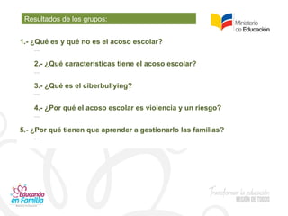 Resultados de los grupos:
1.- ¿Qué es y qué no es el acoso escolar?
…
2.- ¿Qué características tiene el acoso escolar?
…
3.- ¿Qué es el ciberbullying?
…
4.- ¿Por qué el acoso escolar es violencia y un riesgo?
…
5.- ¿Por qué tienen que aprender a gestionarlo las familias?
…
 