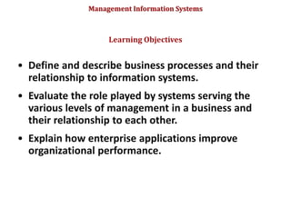 Management Information Systems
• Define and describe business processes and their
relationship to information systems.
• Evaluate the role played by systems serving the
various levels of management in a business and
their relationship to each other.
• Explain how enterprise applications improve
organizational performance.
Learning Objectives
© Prentice Hall 2011
27
 