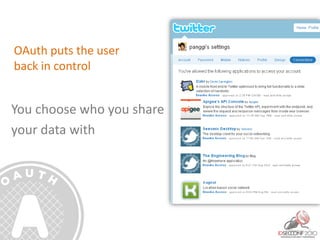 OAuth puts the user
back in control
You choose who you share
your data with
 