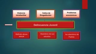 Delincuencia Juvenil
Problemas
económicos
Violencia
intrafamiliar
Maltrato abuso
sexual
Abandono de sus
estudios
los abandono de
Padres
Índice de
Drogadicción
 
