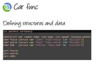 Car func
Defining structures and data
 