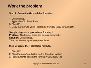 Work the problem Step 1: Create the Gross Sales formulas. 1. Click cell D6. 2. Type =B6*C6. Press Enter. 3. Click D6. 4. Copy the formula using Fill Handle from D6 to D7 through D11. Sample diagnostic procedures for step 1: Problem:  The learner types the formula incorrectly. Solution:  Click cell D6. Type the formula again and press Enter. Step 2: Create the Total Sales formula. 1. Click D12. 2. Click the AutoSum button on the Standard toolbar. 3. Press Enter to accept the formula =SUM(D6:D11). 