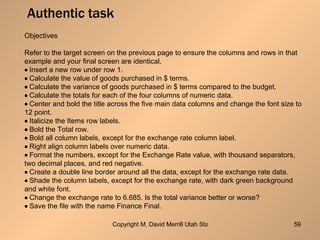 Authentic task Objectives Refer to the target screen on the previous page to ensure the columns and rows in that example and your final screen are identical.  Insert a new row under row 1.  Calculate the value of goods purchased in $ terms.  Calculate the variance of goods purchased in $ terms compared to the budget.  Calculate the totals for each of the four columns of numeric data.  Center and bold the title across the five main data columns and change the font size to 12 point.  Italicize the Items row labels.  Bold the Total row.  Bold all column labels, except for the exchange rate column label.  Right align column labels over numeric data.  Format the numbers, except for the Exchange Rate value, with thousand separators, two decimal places, and red negative.  Create a double line border around all the data, except for the exchange rate data.  Shade the column labels, except for the exchange rate, with dark green background and white font.  Change the exchange rate to 6.685. Is the total variance better or worse?  Save the file with the name Finance Final. 