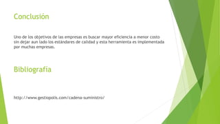 Conclusión
Bibliografía
Uno de los objetivos de las empresas es buscar mayor eficiencia a menor costo
sin dejar aun lado los estándares de calidad y esta herramienta es implementada
por muchas empresas.
http://www.gestiopolis.com/cadena-suministro/
 