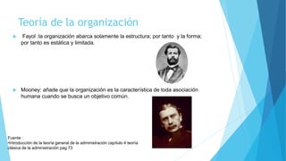 Teoría de la organización
 Fayol :la organización abarca solamente la estructura; por tanto y la forma;
por tanto es estática y limitada.
 Mooney: añade que la organización es la característica de toda asociación
humana cuando se busca un objetivo común.
Fuente :
•Introducción de la teoría general de la administración capítulo 4 teoría
clásica de la administración pag 73
 