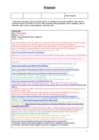 Proposal
9
Final thoughts
*I will stick to this plan as best as possible but due to contingency and further problems down the line
(especially because of Covid19) It is not a 100% guarantee that the planning will be completely done in
this order when it comes to the production side of my work.
Bibliography
Red = Google Books
Orange = Article
Black = Research that has been conducted
Green = Videos
1.) Anthony Baulducci. (28th November 2011) The Funny Parts A History of Film Comedy Routines and Gags -
Link: https://www.google.co.uk/books/edition/The_Funny_Parts/pSa-fqnL7iIC?hl=en&gbpv=0
2.) Bruce G Hallenbeck. (11th August 2009) Comedy Horror films – A chronological history 1914-1918 Link:
https://www.google.co.uk/books/edition/Comedy_Horror_Films/2AIgAef-bAcC?hl=en&gbpv=0
3.) CineFix. (January 19th, 2017)10 best uses ofcolour of all time – Link:
https://www.youtube.com/watch?v=tILIeNjbH1E
4.) Debbie Lynn Elias. (Unknown) When It Comes to Dark Comedic Horror, James Gunn is SUPERman
Link: https://behindthelensonline.net/site/interviews/when-it-comes-to-dark-comedic-horror james-gunn-is-
superman/
5.) Every frame a painting. (May 27th, 2014) Edgar Wright - How to Do Visual Comedy Link:
https://www.youtube.com/watch?v=3FOzD4Sfgag
6.) Jess Joho. (19th December 2019) How the horror-comedy genre defined the decade Link:
https://sea.mashable.com/entertainment/7894/how-the-horror-comedy-film-genre-defined-the-decade
7.) Justin Steel. (June 1st, 2015) Horror Hybrids: a comedic horror drama in space Link:
https://wickedhorror.com/features/horror-hybrids-a-comedic-horror-drama-in-space/
8.) Patrick (H) Willems. (July 19th, 2017) Sam Raimi – How does horror comedy work? Link:
https://www.youtube.com/watch?v=QwcjToDEsUY
9.) Konrad noises.(October 24th, 2017) Edgar Wright – How to edit to the beat – Link:
https://www.youtube.com/watch?v=zxw7LGGNLYY&t=16s
10.) Kendall R Phillips. (30th April 2005) Projected fear – Horror films and American culture Link:
https://www.google.co.uk/books/edition/Projected_Fears_Horror_Films_and_America/axFSjNH1oRkC?hl=en&
gbpv=0
11.) Robert G. Hagstrom. (2004) The Detective and the InvestorUncovering Investment Techniques from the
Lengendary sleughs – Link:
https://www.google.co.uk/books/edition/The_Detective_and_the_Investor/cnQBAAAACAAJ?hl=en
12.) Rowman and Littlefield publishers. (20th May 2016) The Laughing dead Link:
https://www.google.co.uk/books/edition/The_Laughing_Dead/GconDAAAQBAJ?hl=en&gbpv=0
13.) Ryan Hollinger. (December 17th, 2017) The Art of GREMLINS: How Comedy & Horror Work
Together Link: https://www.youtube.com/watch?v=w9tVpiv-kIQ
14.) Sarah Crowther. (October 31st, 2017) Horror and comedy films have more in common than you
might realise Link: https://theconversation.com/horror-and-comedy-films-have-more-in-common-than-
you-might-realise-85048
15.) Taylor and Francis. (5th November 2013) Horror films – Current research on audience preferences and
reactions Link: https://www.google.co.uk/books/edition/Horror_Films/3Tn8AQAAQBAJ?hl=en&gbpv=0
16.) Wall street Journal. (March 19th, 2019) Jordan Peele's Guide to Horror Films | WSJ Link:
https://www.youtube.com/watch?v=LXB-LvBwJdM
17.) Writers Digest. (November 29th, 2017) Three tips for writing horror comedy Link:
https://www.writersdigest.com/write-better-fiction/3-tips-writing-horror-comedy
18.) Wen powers. (November 14th, 2014) What Horror and Comedy have in common Link:
https://www.vulture.com/2014/11/what-horror-and-comedy-have-in-common.html
19.) Wetton. George. (2021)Target audience research survey conducted on (22/01/2021)
20.) Wetton, Sam (2021) Target Audience interviews (conducted on 19/01/2021)
 