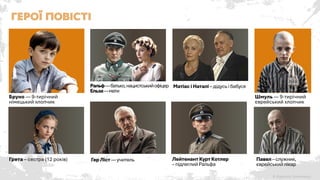 Шмуль — 9-тирічний
єврейський хлопчик
Павел –служник,
єврейськийлікар
Лейтенант КуртКотлер
–підлеглийРальфа
ГерЛіст —учитель
Матіас іНаталі –дідусьібабуся
Ральф—батько,нацистськийофіцер
Ельза—мати
Грета – сестра (12 років)
Бруно — 9-тирічний
німецький хлопчик
Герої повісті
 