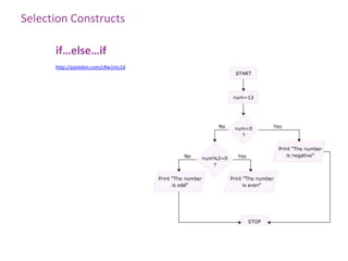 Selection Constructs

      if…else…if
      http://pastebin.com/cRw1mL1d
 
