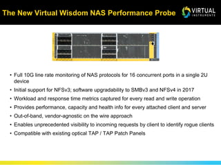 The New Virtual Wisdom NAS Performance Probe
• Full 10G line rate monitoring of NAS protocols for 16 concurrent ports in a single 2U
device
• Initial support for NFSv3; software upgradability to SMBv3 and NFSv4 in 2017
• Workload and response time metrics captured for every read and write operation
• Provides performance, capacity and health info for every attached client and server
• Out-of-band, vendor-agnostic on the wire approach
• Enables unprecedented visibility to incoming requests by client to identify rogue clients
• Compatible with existing optical TAP / TAP Patch Panels
 