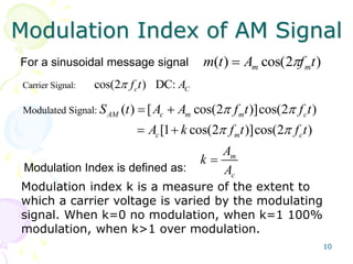 10
Modulation Index of AM Signal
m
c
A
k
A

)
2
cos(
)
( t
f
A
t
m m
m 

Carrier Signal: cos(2 ) DC:
c C
f t A

For a sinusoidal message signal
Modulation Index is defined as:
Modulated Signal: ( ) [ cos(2 )]cos(2 )
[1 cos(2 )]cos(2 )
AM c m m c
c m c
S t A A f t f t
A k f t f t
 
 
 
 
Modulation index k is a measure of the extent to
which a carrier voltage is varied by the modulating
signal. When k=0 no modulation, when k=1 100%
modulation, when k>1 over modulation.
 
