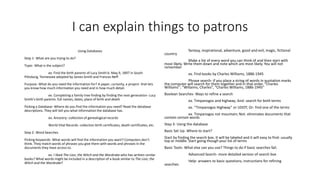 I can explain things to patrons
Using Databases
Step 1- What are you trying to do?
Topic- What is the subject?
ex. Find the birth parents of Lucy Smith b. May 9, 1897 in South
Pittsburg, Tennessee adopted by James Smith and Frances Neff
Purpose- What do you need the information for? A paper, curiosity, a project- that lets
you know how much information you need and in how much detail.
ex. Completing a family tree finding by finding the next generation- Lucy
Smith’s birth parents: full names, dates, place of birth and death
Picking a Database- Where do you find the information you need? Read the database
descriptions. They will tell you what information the database has.
ex. Ancestry- collection of genealogical records
World Vital Records- collection birth certificates, death certificates, etc.
Step 2- Word Searches
Picking Keywords- What words will find the information you want? Computers don’t
think. They match words of phrases you give them with words and phrases in the
documents they have access to.
ex. I liked The Lion, the Witch and the Wardrobe who has written similar
books? What words might be included in a description of a book similar to The Lion, the
Witch and the Wardrobe?
fantasy, inspirational, adventure, good and evil, magic, fictional
country
Make a list of every word you can think of and then start with
most likely. Write them down and note which are most likely. You will not
remember.
ex. Find books by Charles Williams, 1886-1945
Phrase search- if you place a string of words in quotation marks
the computer will search for them together and in that order. “Charles
Williams”; “Willaims, Charles”, “Charles Williams, 1886-1945”
Boolean Searches- Ways to refine a search
ex. Timpanogos and highway; And- search for both terms
ex. “Timpanogos Highway” or UDOT; Or- find one of the terms
ex. Timpanogos not mountain; Not- eliminates documents that
contain certain words
Step 3- Using the database
Basic Set Up- Where to start?
Start by finding the search box. It will be labeled and it will easy to find- usually
top or middle. Start going though your list of terms
Basic Tools- What else can you use? Things to do if basic searches fail.
Advanced Search- more detailed version of search box
Help- answers to basic questions, instructions for refining
searches
 