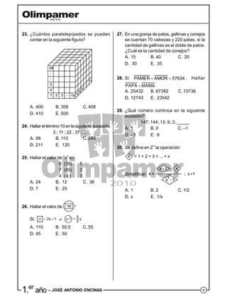 41.er
año – JOSÉ ANTONIO ENCINAS
23. ¿Cuántos paralelepípedos se pueden
contar en la siguiente figura?
20
3
2
1
12
152 3 1
2
3
A. 400 B. 308 C. 408
D. 410 E. 500
24. Hallarel término10enlasiguiente sucesión:
3 ; 11 ; 22 ; 37 ; ...
A. 98 B. 110 C. 240
D. 211 E. 120
25. Hallar el valor de "x" en:
8 (39) 5
7 (45) 2
4 ( x ) 3
A. 24 B. 12 C. 36
D. 7 E. 25
26. Hallar el valor de 10 =
Si:  x 2x 1  y-1 =
5
y
2
A. 110 B. 50,5 C. 55
D. 45 E. 50
27. En una granja de patos, gallinas y conejos
se cuentan 70 cabezas y 220 patas, si la
cantidad de gallinas es el doble de patos.
¿Cuál es la cantidad de conejos?
A. 15 B. 40 C. 20
D. 30 E. 35
28. Si PAMER AMOR 57634  . Hallar
PAPA MAMA .
A. 25432 B. 67382 C. 13736
D. 12743 E. 23542
29. ¿Qué número continúa en la siguiente
sucesión?
147; 144; 12; 9; 3; _____
A. 1 B. 0 C. –1
D. –3 E. 6
30. Se define en Z+
la operación:
x = 1 + 2 + 3 + ... + x
Simplificar: k =
x - 1 · x
x - 1
2
; x 1
A. 1 B. 2 C. 1/2
D. x E. 1/x
 