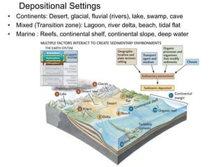 Depositional Settings
• Continents: Desert, glacial, fluvial (rivers), lake, swamp, cave
• Mixed (Transition zone): Lagoon, river delta, beach, tidal flat
• Marine : Reefs, continental shelf, continental slope, deep water
 