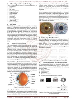 International Journal of Trend in Scientific Research and Development (IJTSRD) @ www.ijtsrd.com eISSN: 2456-6470
@ IJTSRD | Unique Paper ID – IJTSRD25258 | Volume – 3 | Issue – 5 | July - August 2019 Page 291
B. Different Types of Biometric Technologies
There are many types of biometric technologies as follow [].
Body Odour
DNA
Ear Shape
Facial Recognition
Finger Scanning
Hand Geometry
Iris Recognition
Keystroke
Retinal Scan
Personal Signature
Vein Pattern
Voice Recognition
C. Iris Theory
The iris is the plainly visible, colored ring that surroundsthe
pupil. It is a muscular structure that controls the amount of
light entering the eye, with intricate details that can be
measured, such as striations, pits,andfurrows.Theirisis not
to be confused with the retina, which lines the inside of the
back of the eye. The figure 1 shows human eye
characteristics. No two irises are alike. There is no detailed
correlation between the iris patterns of even identicaltwins,
or the right and left eye of an individual. The amount of
information that can be measured in a single iris is much
greater than fingerprints, and the accuracy is greater than
DNA.
III. IRIS RECOGNITION SYSTEM
The iris is the plainly visible, colored ring that surroundsthe
pupil. It is a muscular structure that controls the amount of
light entering the eye, with intricate details that can be
measured, such as striations, pits,andfurrows.Theirisis not
to be confused with the retina, which lines the inside of eye
of an individual. Fig 2.1 shows human eye characteristics. No
two irises are alike. There is no detailed correlation between
the iris patterns of even identical twins, or the right and left
eye of an individual. The amount of information that can be
measured in a single iris is much greater than fingerprints,
and the accuracy is greater than DNA.
Iris recognition is the process of recognizing a person by
analyzing the random pattern of the iris as shown Fig 1. The
automated method of iris recognition is relatively young,
existing in patent only since 1994. The iris is amusclewithin
the eye that regulates the size of the pupil, controlling the
amount of light that enters the eye. It is the colored portion
of the eye with coloring based on the amount of melatonin
pigment within the muscle as shown in Figure 2.
Figure1. Anatomy of the Eye [6]
Although the coloration and structure of the iris is
genetically linked, the details of the patterns arenot.Theiris
develops during prenatal growth through a process of tight
forming and folding of the tissue membrane. Prior to birth,
degeneration occurs, resulting in the pupil opening and the
random, unique patterns of the iris. Although genetically
identical, an individual’s irides are unique and structurally
distinct, which allows for it to be used for recognition
purposes.
Before recognition of the iris takes place, the iris is located
using landmark features. These landmark features and the
distinct shape of the iris allow for imaging, feature isolation,
and extraction. Localization of the iris isanimportantstepin
iris recognition because, if done improperly, resultant noise
(e.g., eyelashes, reflections, pupils, and eyelids) in the image
may lead to poor performance.
Figure2. Iris Structure
A. Typical Stage of Iris Recognition
This system presents an introduction to divergentaspects of
pattern recognition. The operation of a pattern recognition
system is presented as a series of consecutive processing
stages in figure 5. Pattern recognition is an information-
reduction process: the assignment of visual or logical
patterns to classes based on the features of these patterns
and their relationships.
Figure5. Block Diagram Iris Recognition Process [7]
IV. THE PROPOSED IRIS RECOGNITION SYSTEM
In this work, the proposed iris recognition system using
Artificial Neural Network is shown in Fig 6. The process for
iris recognition system can be divided into the following
different stages:
Image acquisition
Edge detection
Localization
Feature extraction
Creating and training the neural networks
Figure6. Block diagram of software implementation of iris
recognition process
 