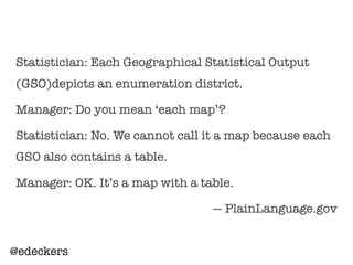 Statistician: Each Geographical Statistical Output
(GSO)depicts an enumeration district.
Manager: Do you mean ‘each map’?
Statistician: No. We cannot call it a map because each
GSO also contains a table.
Manager: OK. It’s a map with a table.
— PlainLanguage.gov
@edeckers
 