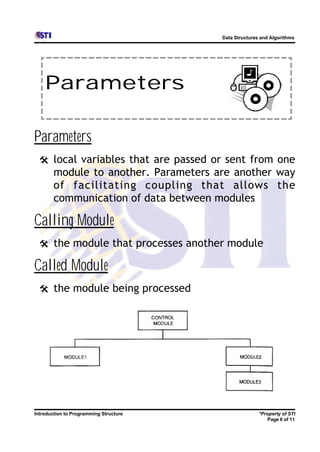 Data Structures and Algorithms




    Parameters

Parameters
  @ local variables that are passed or sent from one
        module to another. Parameters are another way
        of facilitating coupling that allows the
        communication of data between modules

Calling Module
  @ the module that processes another module

Called Module
  @ the module being processed




Introduction to Programming Structure                  *Property of STI
                                                          Page 6 of 11
 