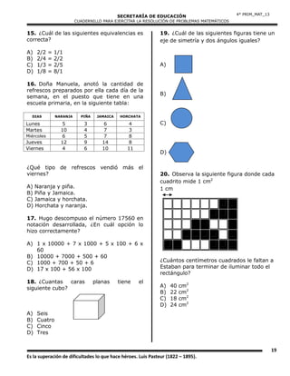 SECRETARÍA DE EDUCACIÓN
CUADERNILLO PARA EJERCITAR LA RESOLUCIÓN DE PROBLEMAS MATEMÁTICOS
19
Es la superación de dificultades lo que hace héroes. Luis Pasteur (1822 – 1895).
4° PRIM_MAT_13
15. ¿Cuál de las siguientes equivalencias es
correcta?
A) 2/2 = 1/1
B) 2/4 = 2/2
C) 1/3 = 2/5
D) 1/8 = 8/1
16. Doña Manuela, anotó la cantidad de
refrescos preparados por ella cada día de la
semana, en el puesto que tiene en una
escuela primaria, en la siguiente tabla:
DIAS NARANJA PIÑA JAMAICA HORCHATA
Lunes 5 3 6 4
Martes 10 4 7 3
Miércoles 6 5 7 8
Jueves 12 9 14 8
Viernes 4 6 10 11
¿Qué tipo de refrescos vendió más el
viernes?
A) Naranja y piña.
B) Piña y Jamaica.
C) Jamaica y horchata.
D) Horchata y naranja.
17. Hugo descompuso el número 17560 en
notación desarrollada, ¿En cuál opción lo
hizo correctamente?
A) 1 x 10000 + 7 x 1000 + 5 x 100 + 6 x
60
B) 10000 + 7000 + 500 + 60
C) 1000 + 700 + 50 + 6
D) 17 x 100 + 56 x 100
18. ¿Cuantas caras planas tiene el
siguiente cubo?
A) Seis
B) Cuatro
C) Cinco
D) Tres
19. ¿Cuál de las siguientes figuras tiene un
eje de simetría y dos ángulos iguales?
A)
B)
C)
D)
20. Observa la siguiente figura donde cada
cuadrito mide 1 cm2
1 cm
¿Cuántos centímetros cuadrados le faltan a
Estaban para terminar de iluminar todo el
rectángulo?
A) 40 cm2
B) 22 cm2
C) 18 cm2
D) 24 cm2
 