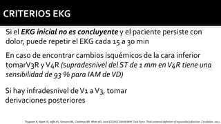 Si el EKG inicial no es concluyente y el paciente persiste con
dolor, puede repetir el EKG cada 15 a 30 min
En caso de encontrar cambios isquémicos de la cara inferior
tomarV3R yV4R (supradesnivel del ST de 1 mm enV4R tiene una
sensibilidad de 93 % para IAM deVD)
Si hay infradesnivel deV1 aV3, tomar
derivaciones posteriores
CRITERIOS EKG
Thygesen K, Alpert JS, Jaffe AS, Simoons ML, Chaitman BR, White HD. Joint ESC/ACCF/AHA/WHF Task Force. Third universal definition of myocardial infarction. Circulation. 2012
 